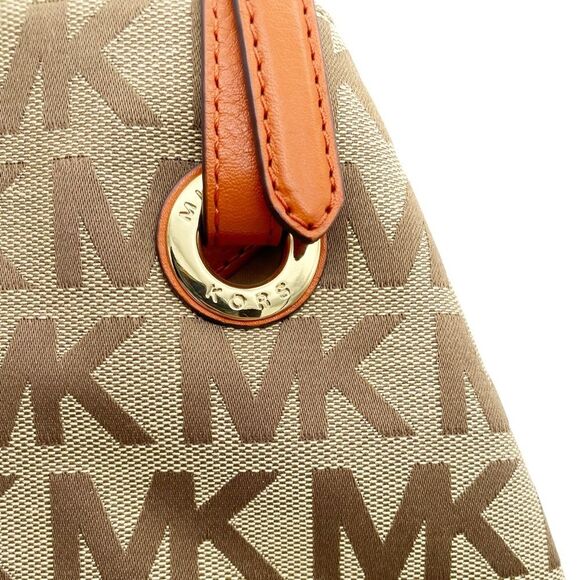 NEW MICHAEL Michael Kors Beige Tan Orange Signature Canvas & Leather Tote Large - Picture 9 of 16